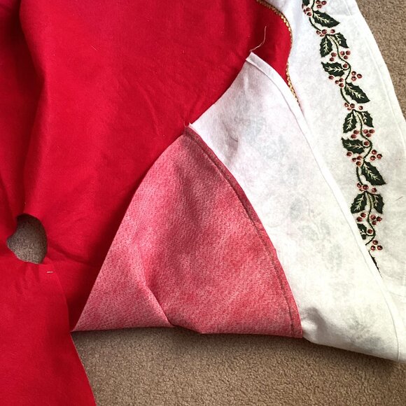 Christmas Tree Skirt White Red Tree Base Cover Holly Leaves - Picture 3 of 5